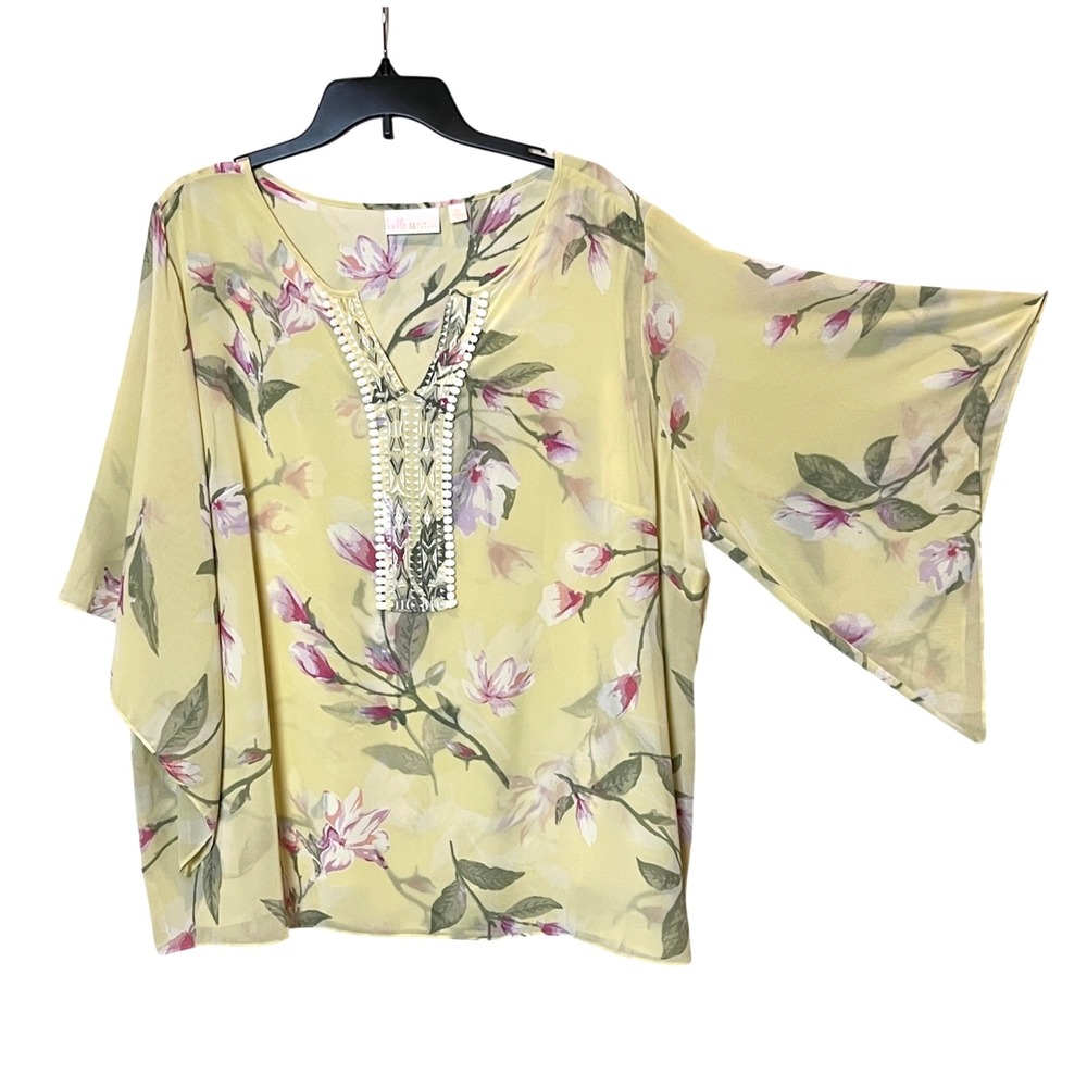 Belle Kim Gravel 2X Yellow Floral Tunic Top Embellished Bloomcore Resort Cottage